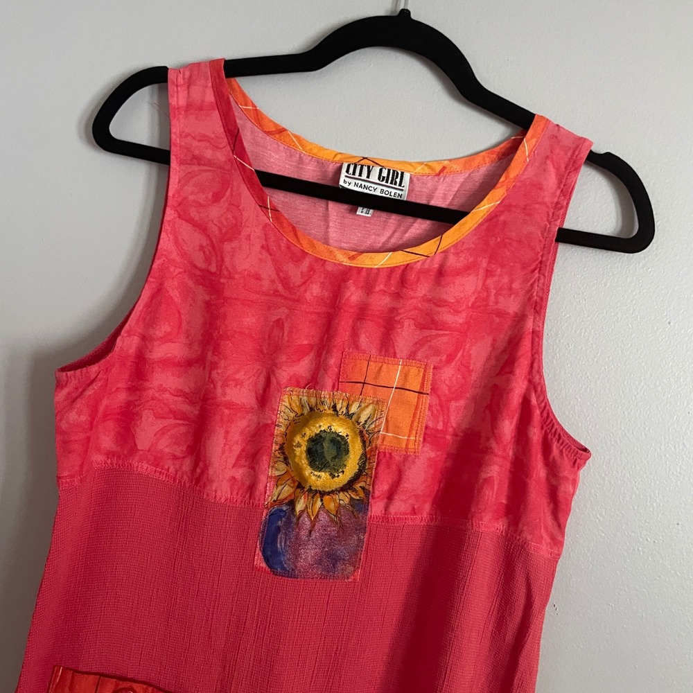 Vtg Maxi Dress‎ Women 10 Pink Sunflower Patchwork Art to Wear Boho Chore Pockets